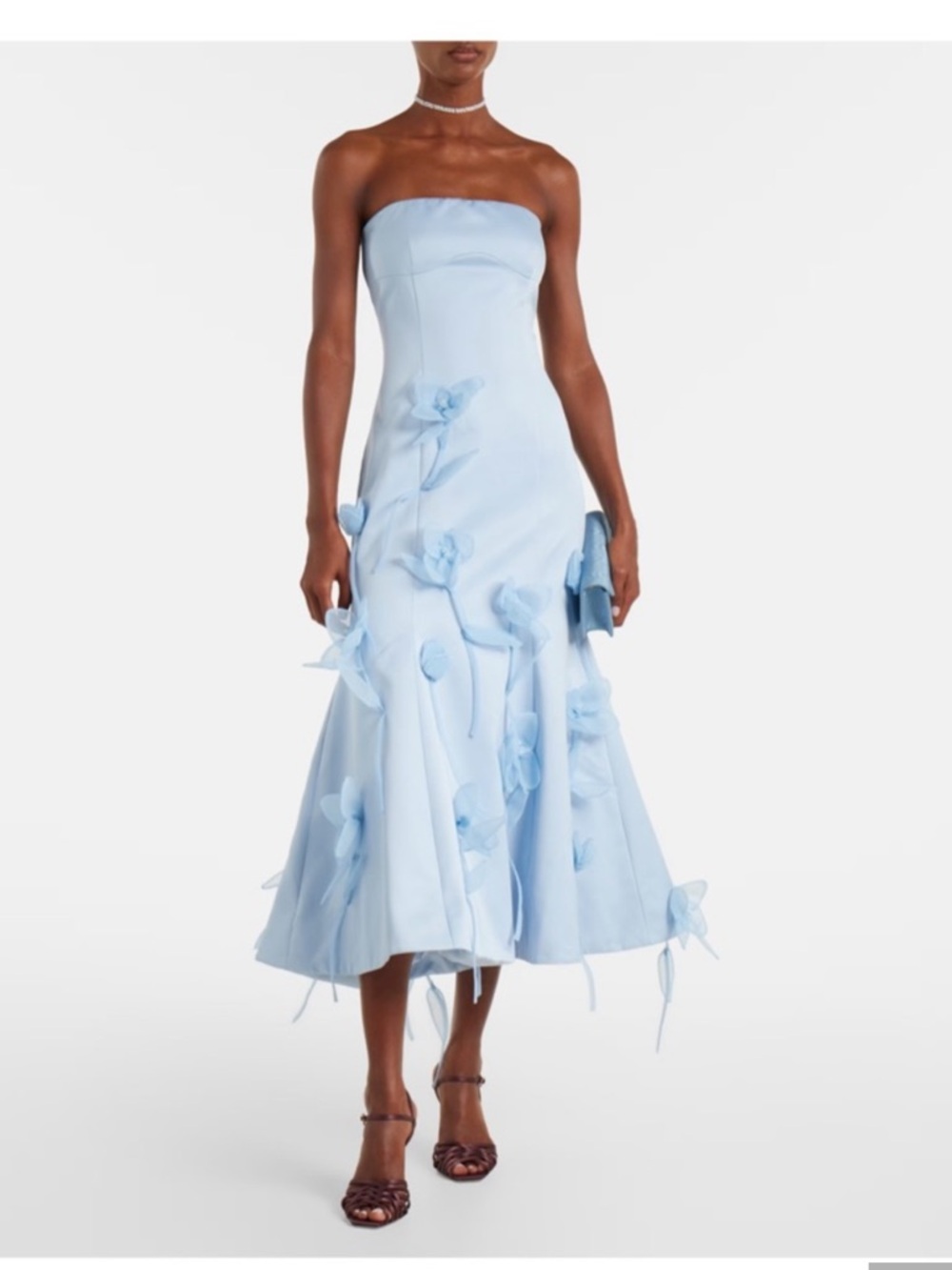 NWT Strapless Light Blue Floral Appliqué Midi Dress